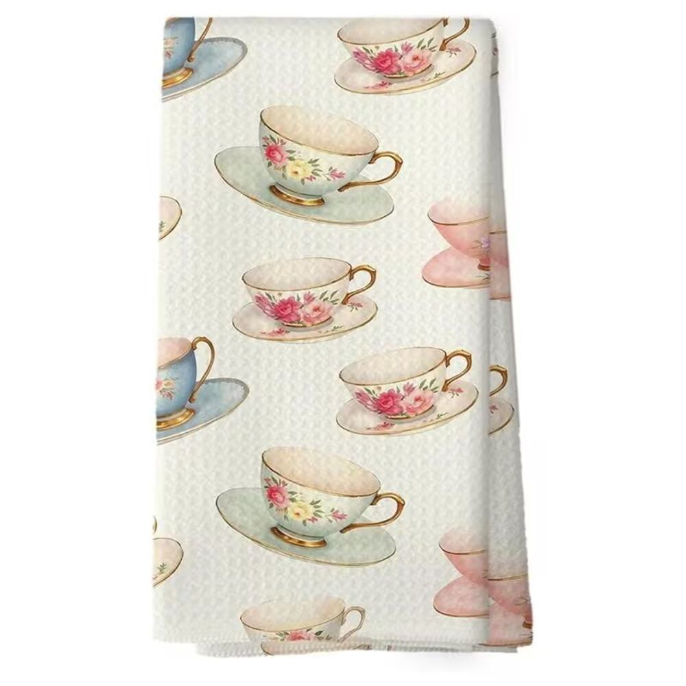 Teacups Kitchen Towels Cleaning Cloth 2pc 24 x 16-inch Microfiber Farmhouse Gift